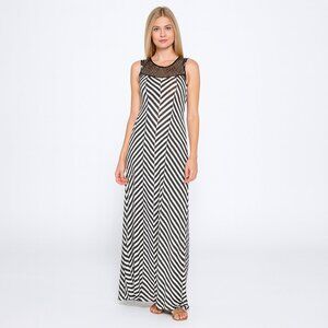 Monteau Lace Black Striped Sleeveless Maxi Dress Medium
